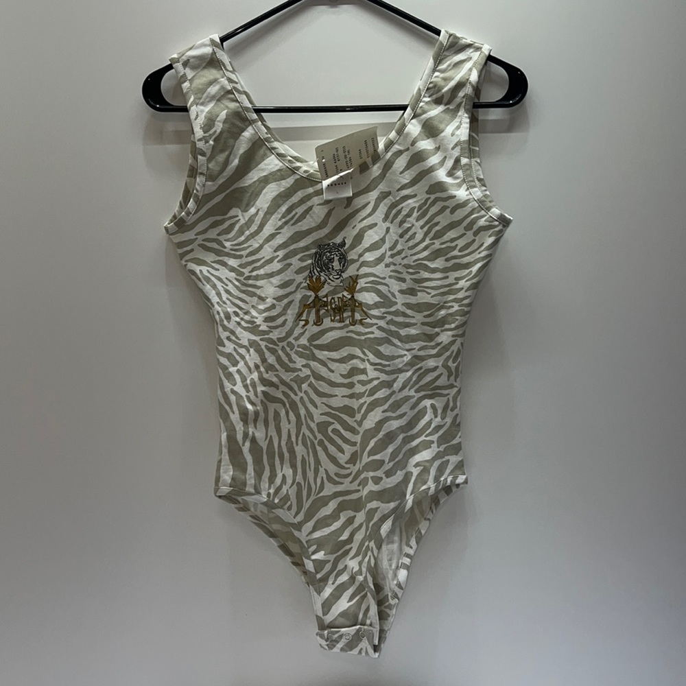 Bogner White and Beige Zebra Print Sleeveless Bodysuit